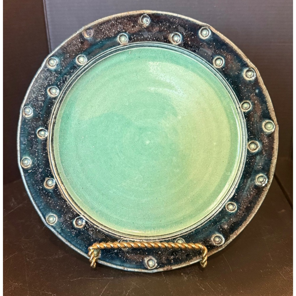 Ahna Iredale Studio Art Pottery Plate Teal Blue Hobnail Rim Signed Ceramic‎ Boho